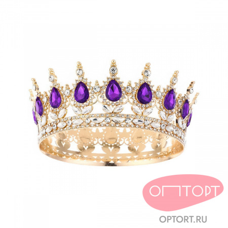Украшение корона на торт, золото (15 см, Сиреневые камни)